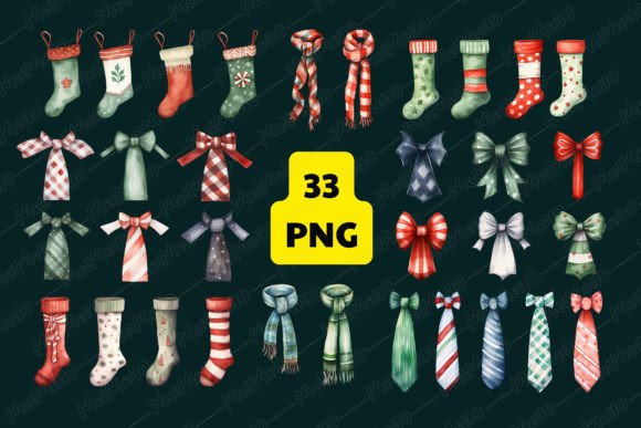 Download Watercolor Christmas Sock Bow Tie Scarf - Sock Collection