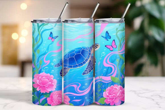 Download Fantasy Turtle Ocean Flowers Butterfly Tumbler - Premium Resources